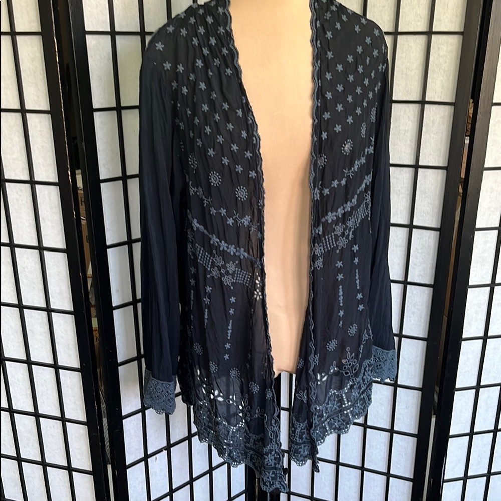 Johnny Was Dusty Blue Embroidery on Black Background Open Cardigan